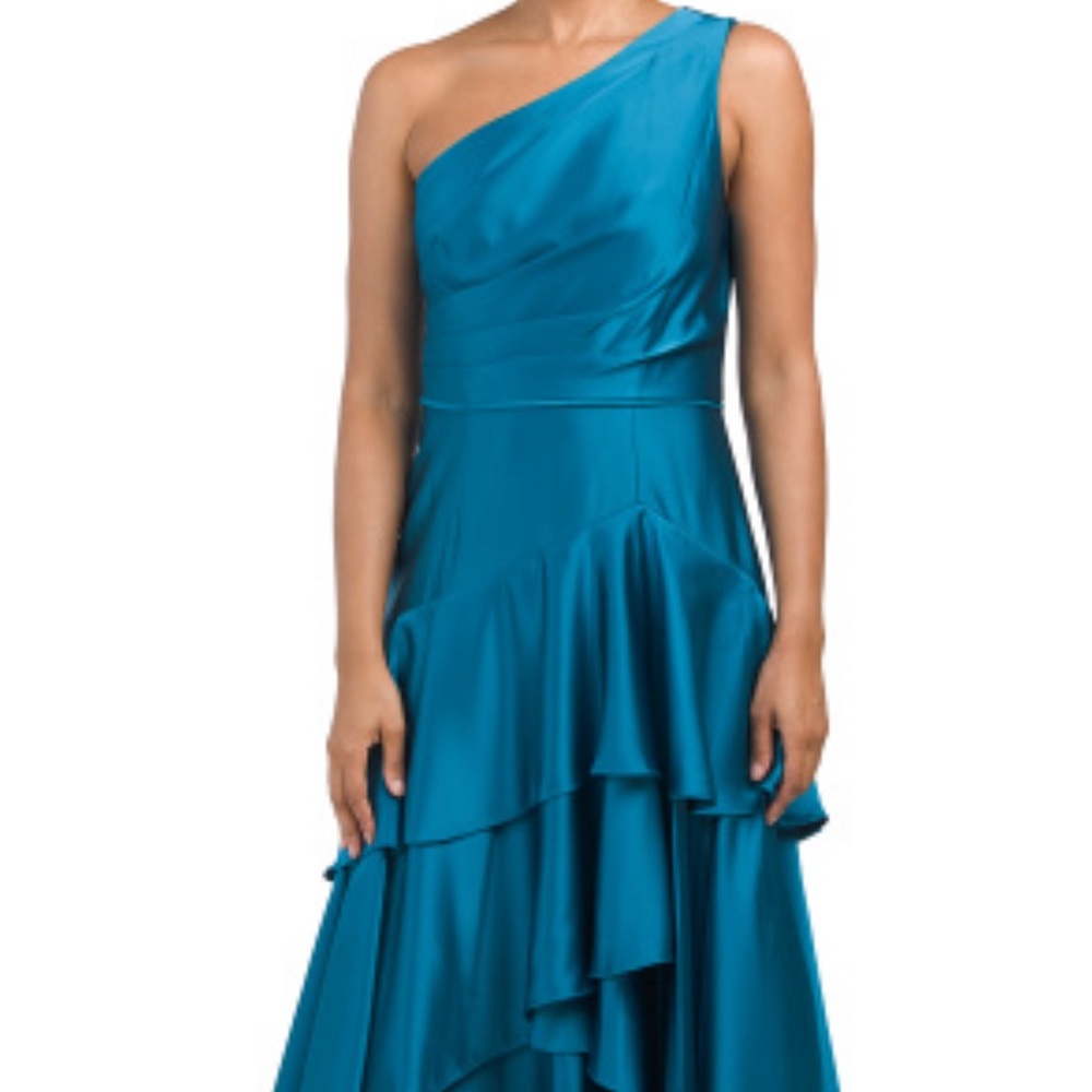 Aidan Mattox Ruffled Asymmetrical Gown in Teal